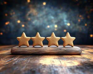 Four golden stars on wood, bokeh background