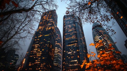Low angle view of illuminated skyscrapers at dusk, framed by autumn leaves.