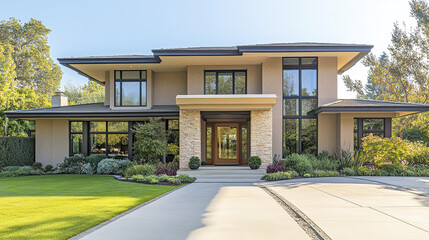 Contemporary house with sharp architectural lines and lush landscaping, exuding elegance