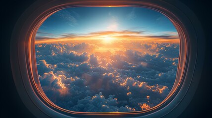 sunset above the clouds from an airplane window. view from the window of airplane