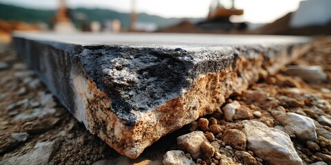 Thick concrete slab rests on rough gravel and dirt, highlighting raw texture and edges with shallow depth of field under natural daylight.