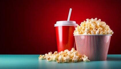 cinema popcorn and soft drink on red gradient background movie night snack concept with copy space and room for text