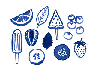 Hand drawn watercolour summer illustration with sliced fruits and berries, with coastal resort vibe. Use as print, poster, element design, textile, label, stocker, tattoo.