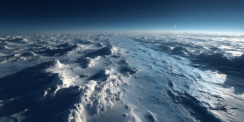 Antarctic ice surface displays intricate snow drift patterns with stark contrasts between bright highlights and deep blue shadows in a vast, desolate landscape.