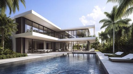 Fototapeta premium Modern mansion with lap pool, palm trees, and sleek design, exuding luxury and tranquility