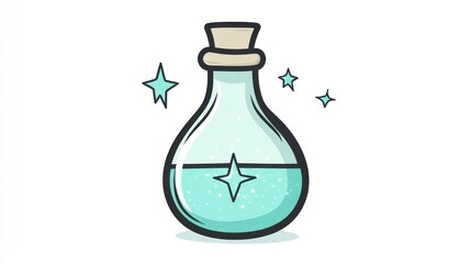 Magical potion bottle, sparkling liquid, white background, fantasy illustration, website design