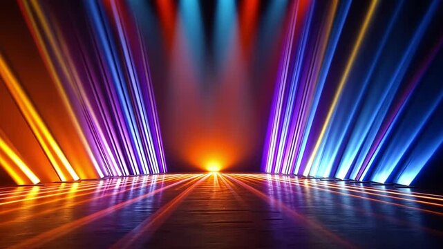 Vibrant stage lights create stunning visual display with colorful beams illuminating dark, evoking excitement and anticipation for unforgettable performance.