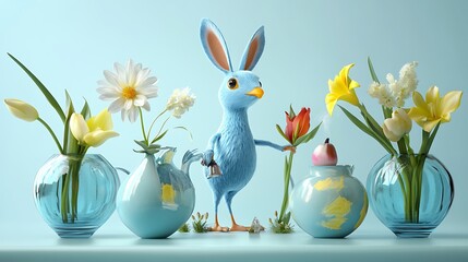 Playful blue rabbit with floral arrangement in glass vases spring celebration still life