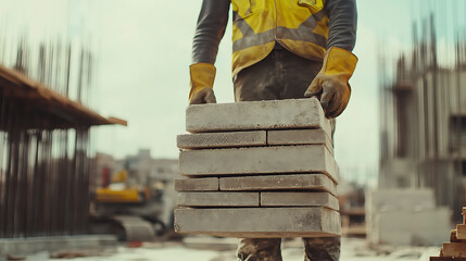 Construction Worker Carrying Bricks at a Building Site