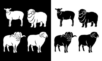 Sheep Illustration Collection. Black and white silhouette sheep against black and white background, element, monochrome.