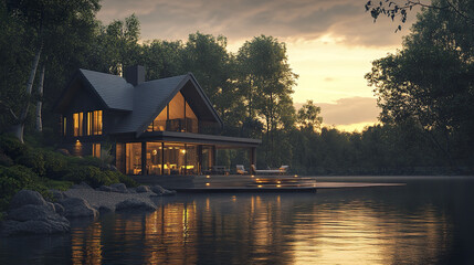 Fototapeta premium serene modern house by still river at dusk, surrounded by lush trees and nature beauty