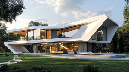 Obraz premium Elegant contemporary house with geometric shapes and large windows, surrounded by greenery