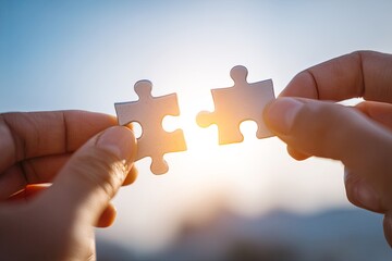 Two Hands Connecting Puzzle Pieces in Bright Sky, Symbolizing Teamwork, Collaboration, and Problem Solving in Business or Personal Life