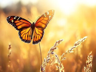 A Monarch butterfly perched on a single blade of grass, with sunlight casting soft shadows. Its wings gently flutter in the breeze, highlighting its delicate structure.