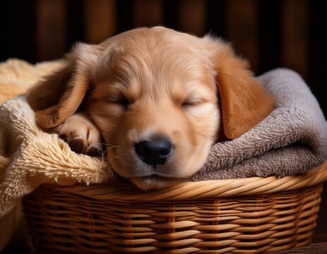 puppy s naptime a peaceful scene unfolds as a cute golden retriever puppy slumbers contently in a woven basket surrounded by soft towels evoking feelings of warmth tranquility and domestic bliss
