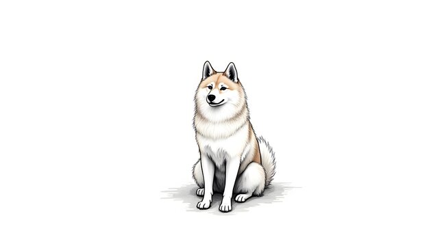 fluffy white dog, resembling a Husky, sitting calmly with a cheerful expression. Rendered in a clean, bright style with soft shading and clear outlines, hachiko artwork