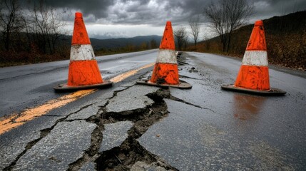 Road cones placed on a damaged road surface under a cloudy sky, indicating a future repair job