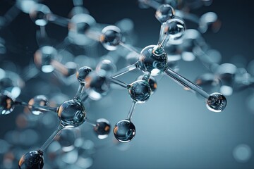 Abstract representation of molecular structure with interconnected atoms in a blurred blue background, showcasing the beauty of science and biology