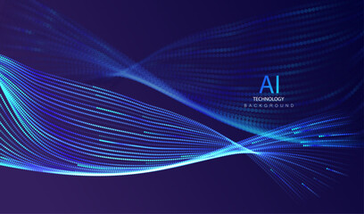 Technology Artificial Intelligence particles banner. Ai big data stream blue waves neon background. Futuristic network connect vector blurred design.