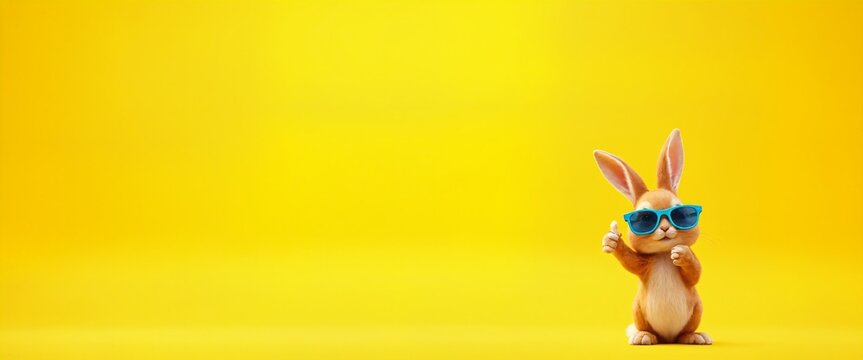 Frohe Ostern Gru&szlig;karte &ndash; Cooler Osterhase mit Sonnenbrille und Daumen Hoch auf Gelbem Hintergrund