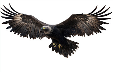 Obraz premium Bald eagle flying with spread wings, isolated on a white background. [Photograph, PNG format, bird, eagle, flight,