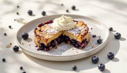 Delicious blueberry cake with whipped cream kitchen dessert photography bright natural light artistic presentation