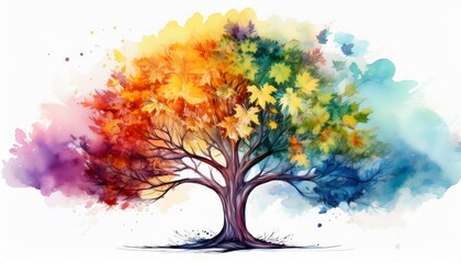 tree with changing seasons affect in watercolour style isolated on white background