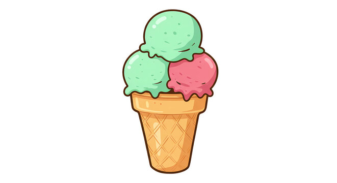 Colorful ice cream cone with three scoops.  A tasty frozen treat to enjoy on a warm sunny day. It looks delicious and refreshing!