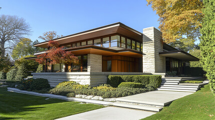 Elegant modern house with tall stone columns and lush landscaping, showcasing architectural