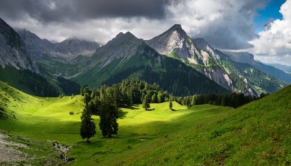 Fototapeta premium lush alpine landscape with dramatic peaks and clouds in bavaria allgau alps near oberstdorf