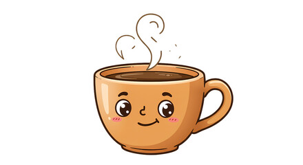 A cute cartoon coffee cup with a smiling face and rising steam, set against a black background, exudes warmth and cheerfulness.