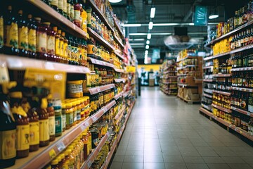 Fototapeta premium Wide-Angle View of Grocery Store Aisle Filled with Colorful Products, Shelves Organized with a Variety of Bottles, Boxes, and Cans in the Background