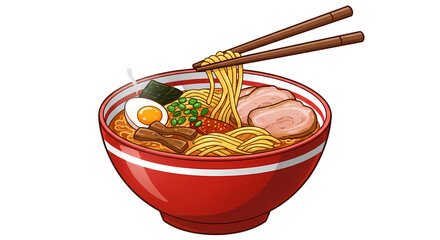 A vibrant bowl of noodle soup with a variety of toppings and chopsticks is ready to be eaten in a red bowl with white stripes.