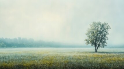 Solitary tree veiled in morning mist