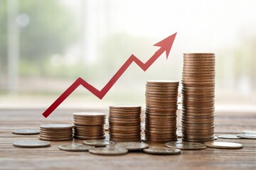 Financial Growth and Investment Concept. Stacked coins with an upward arrow, representing economic expansion, banking strategies, and profitability in business and investments. (Business Concept)