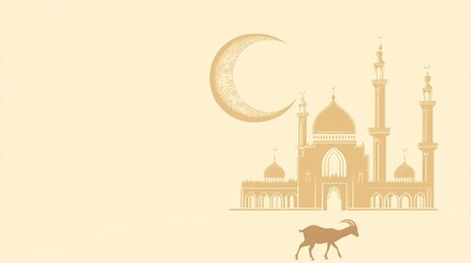 Islamic religious illustration featuring a mosque, crescent moon, and goat