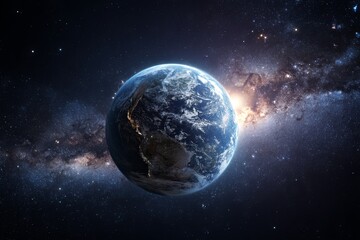 Fototapeta premium Stunning View of Earth in Space Surrounded by Stars and Cosmic Elements Representing the Beauty and Wonder of Our Planet Against a Dark Backdrop