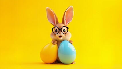 Funny Easter Bunny with Glasses and Egg on Yellow Background &ndash; Happy Easter Greeting Card
