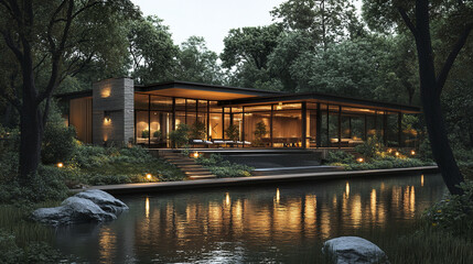 Fototapeta premium Modern house by river surrounded by trees, creating serene evening atmosphere