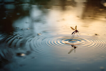 A mosquito flying over a reflective water surface, with its wings catching the light as ripples distort the reflection.
