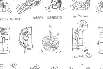 Seamless pattern of Summer time theme elements. Girls floats on an inflatable mattress and a circle. Travel design. Adventure. Hand drawn. Doodle style. Great for banner, professional design © Natalia