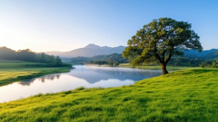 Fototapeta premium A solitary tree standing on a lush green hillside overlooking a serene river with mountains in the background, clear blue sky, and peaceful nature scene.