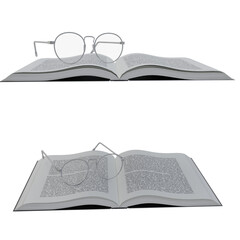 3D rendered open book with reading glasses isolated on transparent background