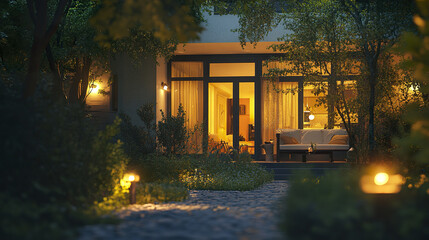 cozy evening view of stylish home with soft glowing lights, surrounded by greenery