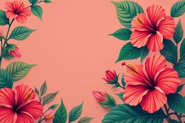Bold hibiscus print, stylized blooms & foliage against solid backdrop , blossom, background