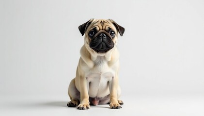 Obraz premium Adorable pug dog sits alone against white backdrop, flat-faced, domestic animal