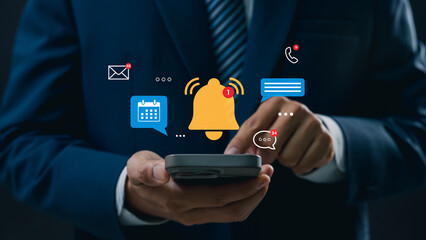 Businessman using smartphone to manage multiple notifications, including email, calendar events, phone calls, and messages, representing business communication, digital connection, and productivity