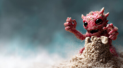 Naklejka premium Red baby monster toy emerging from sand on beach with dreamy blue background