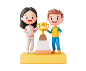 Two cartoon characters celebrating success with a trophy isolated on transparent background