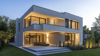 Fototapeta premium Modern house exterior with smooth plaster and large windows, showcasing elegant design